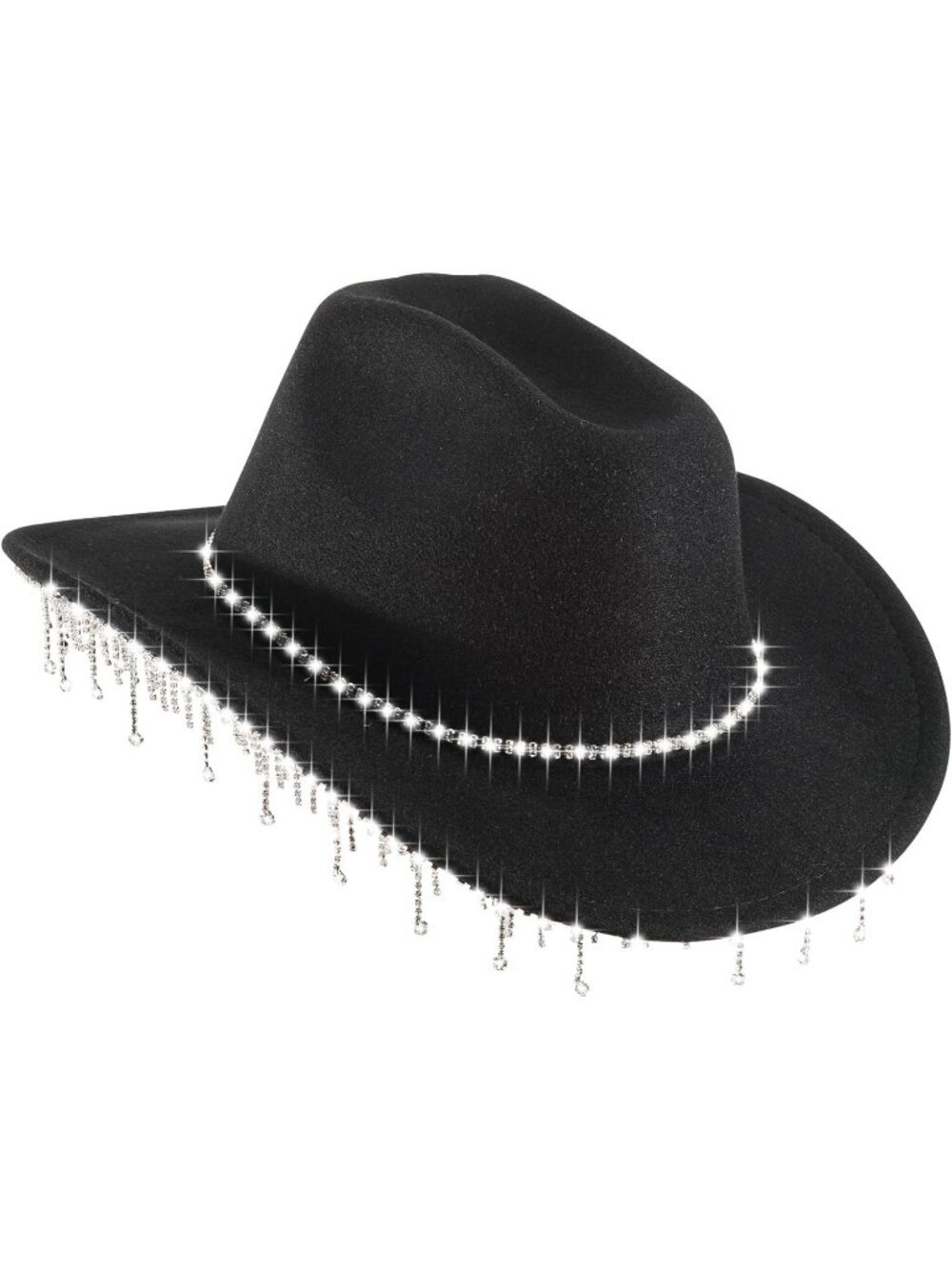 Women's Black Short Tassel Glitter Rhinestone Sparkly Cowboy Western Cowgirl Hat